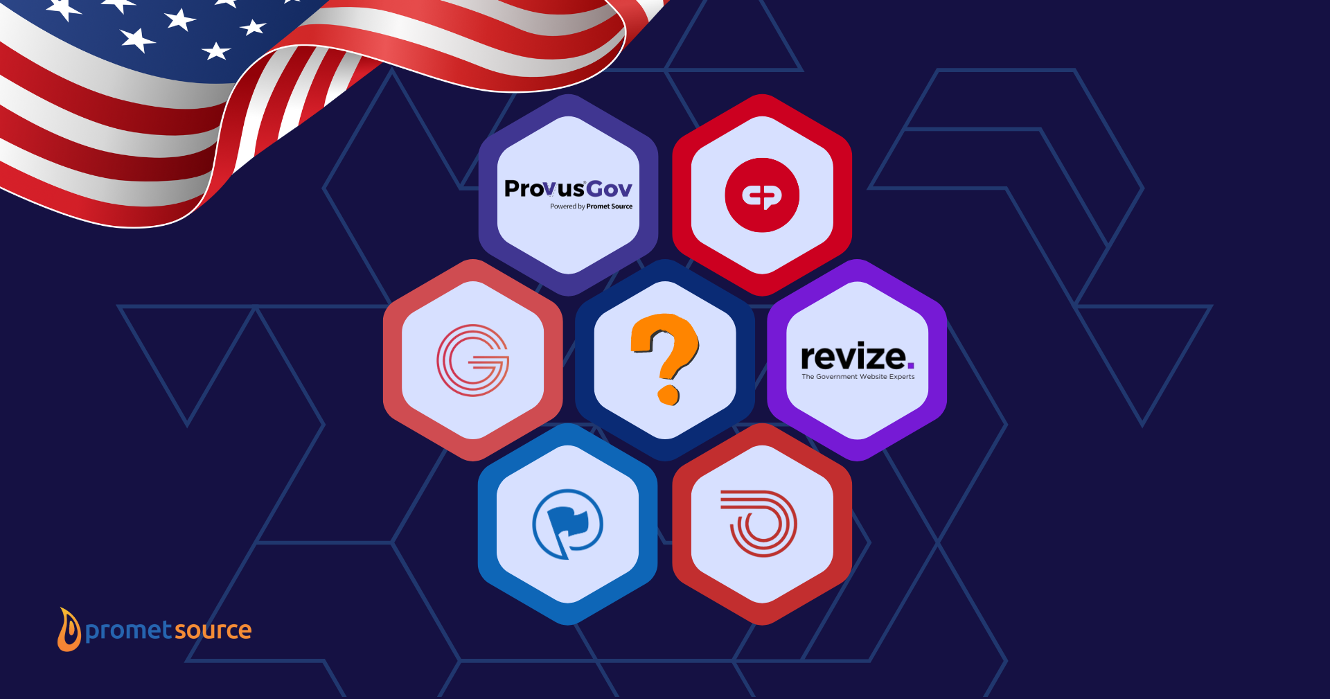 Provus®Gov, CivicPlus, Granicus, Revize, ProudCity, Streamline logos on a dark blue background, U.S. flag draped above.