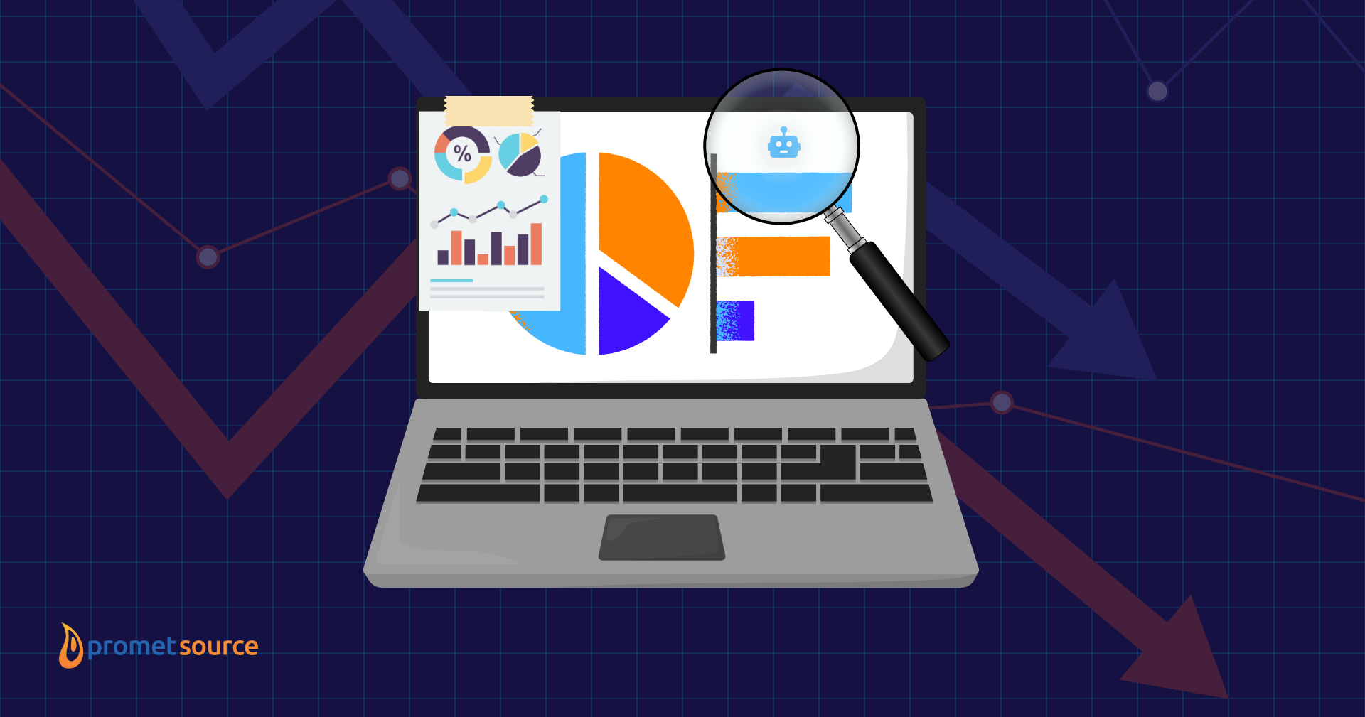 Laptop displaying graphs with a magnifying glass highlighting bot traffic