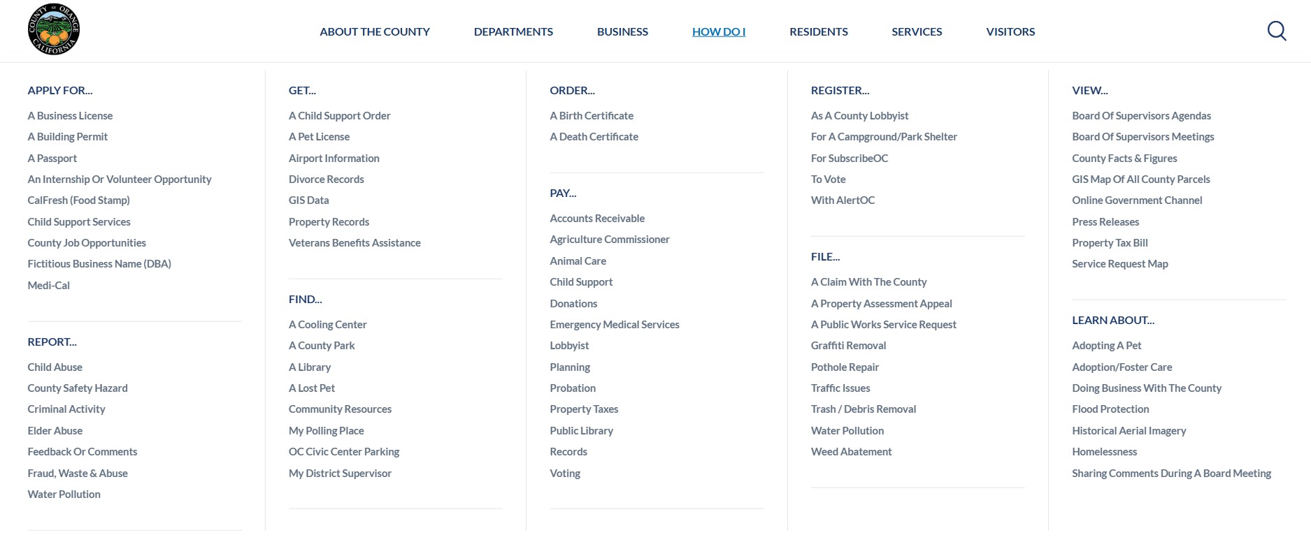 Orange County's How Do I menu