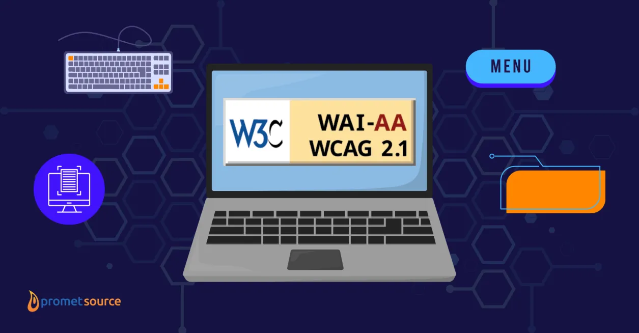 Laptop displaying WCAG 2.1 standards with tech icons around it.