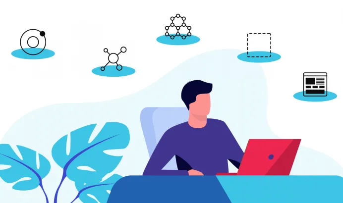 icons circling a man at a computer