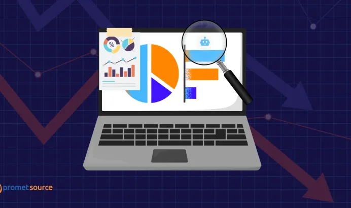 Laptop displaying graphs with a magnifying glass highlighting bot traffic
