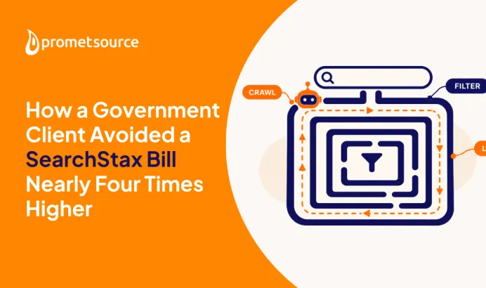 Orange and white graphic with text about reducing SearchStax bills.