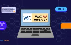 Laptop displaying WCAG 2.1 standards with tech icons around it.