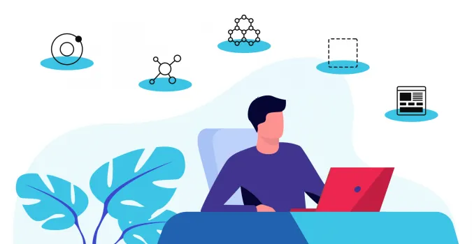 icons circling a man at a computer