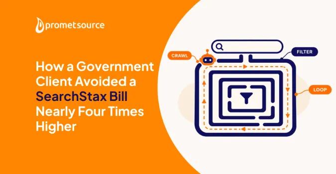 Orange and white graphic with text about reducing SearchStax bills.