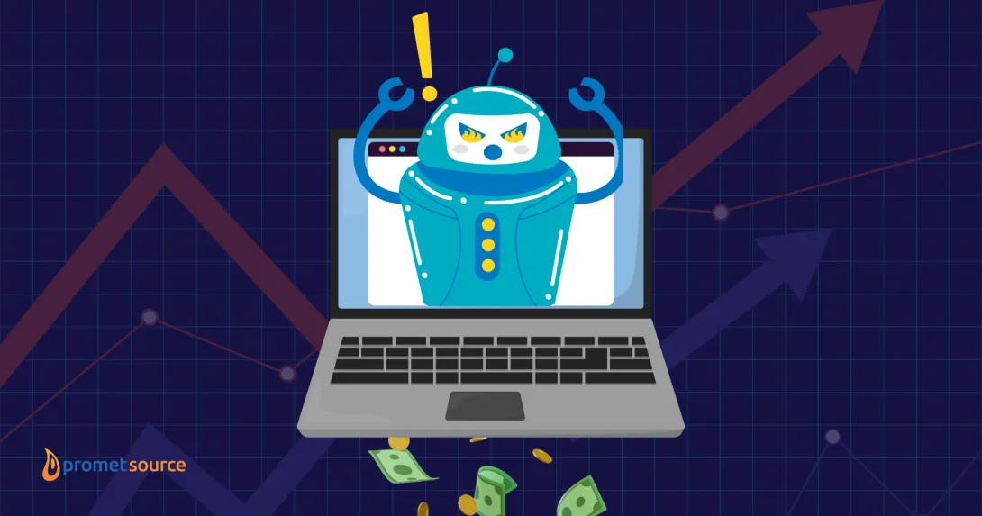Angry bot emerging from a laptop screen with money falling out, representing bot traffic draining budget; background includes rising data lines and the Promet Source logo.