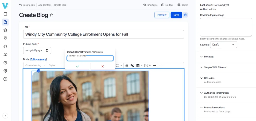 Editing a blog post with a smiling person in front of a college building.