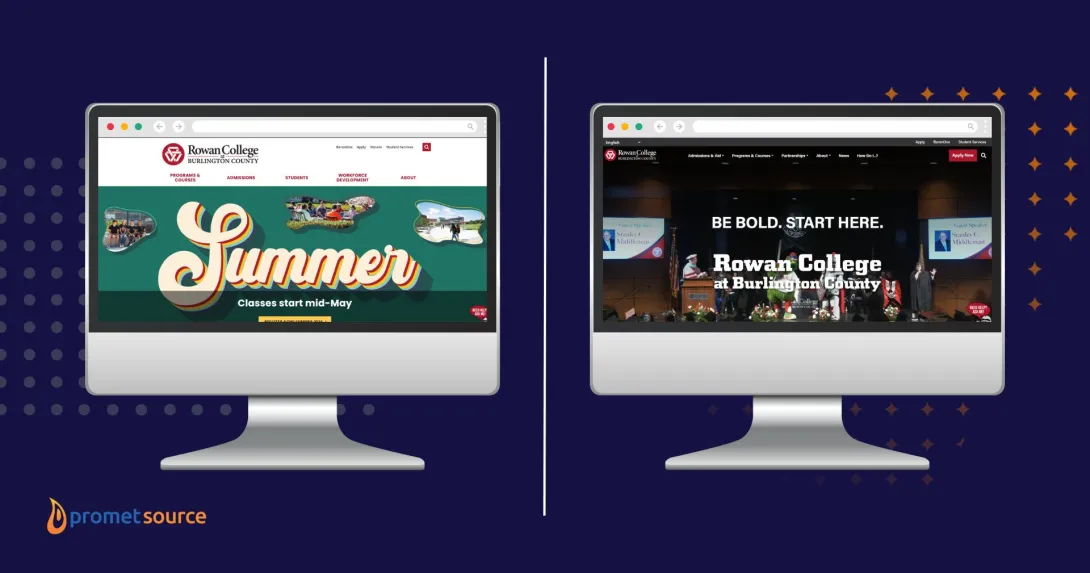 Two computer screens display the before and after version of RCBC website.