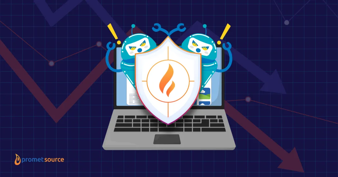 Laptop with a shield and blue robot arms, on a graph background.