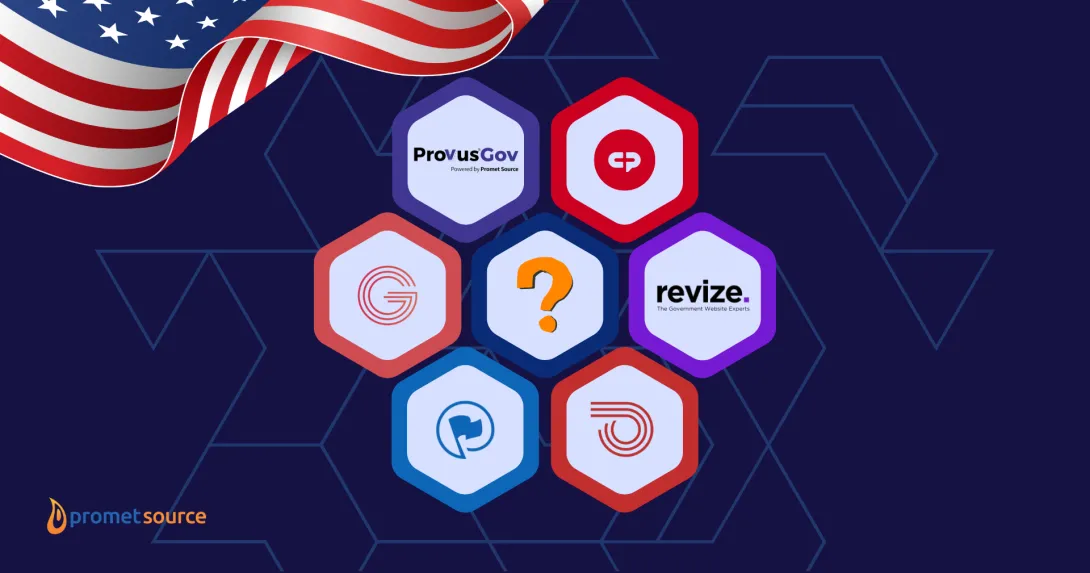 Provus®Gov, CivicPlus, Granicus, Revize, ProudCity, Streamline logos on a dark blue background, U.S. flag draped above.
